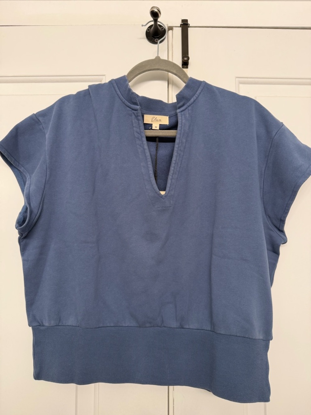 Elan Dusty Blue Short Sleeve Notch-Neck Sweatshirt
